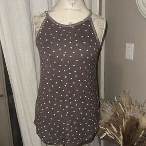 24/7 Maurice’s gray tan white polka dot sleeveless tank top women’s shirt Small